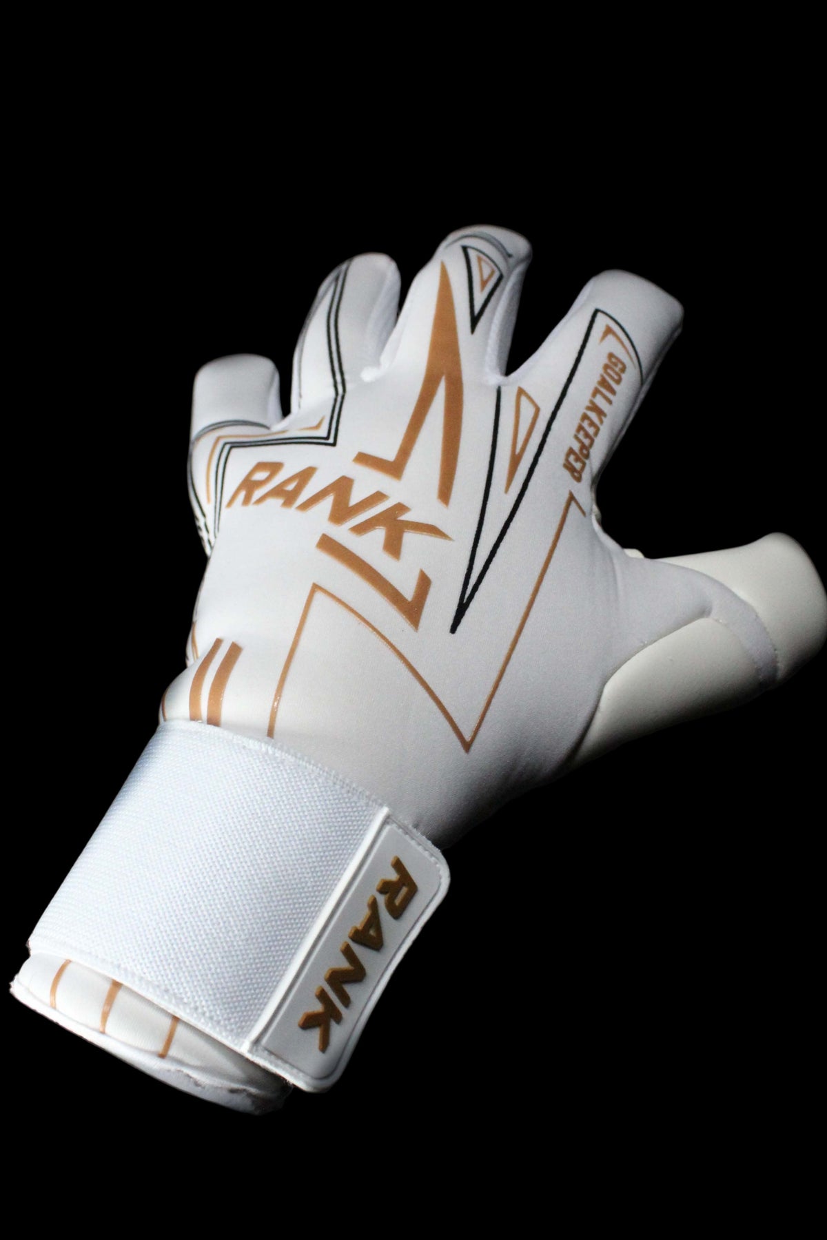 RANK Goalkeeping NOVA goalkeeper glove, gold design details – www.rankgoalkeeping.com