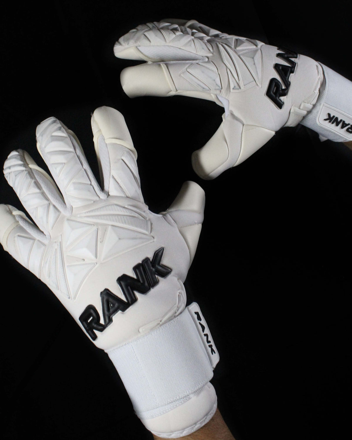 RANK Goalkeeping GHOST white goalkeeper gloves, catching pose – www.rankgoalkeeping.com