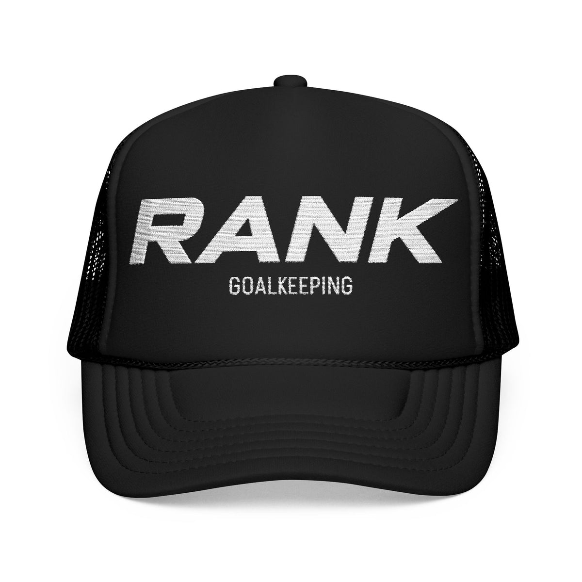 An image of a Embroidered, Black, Trucker hat from RANK Goalkeeping.