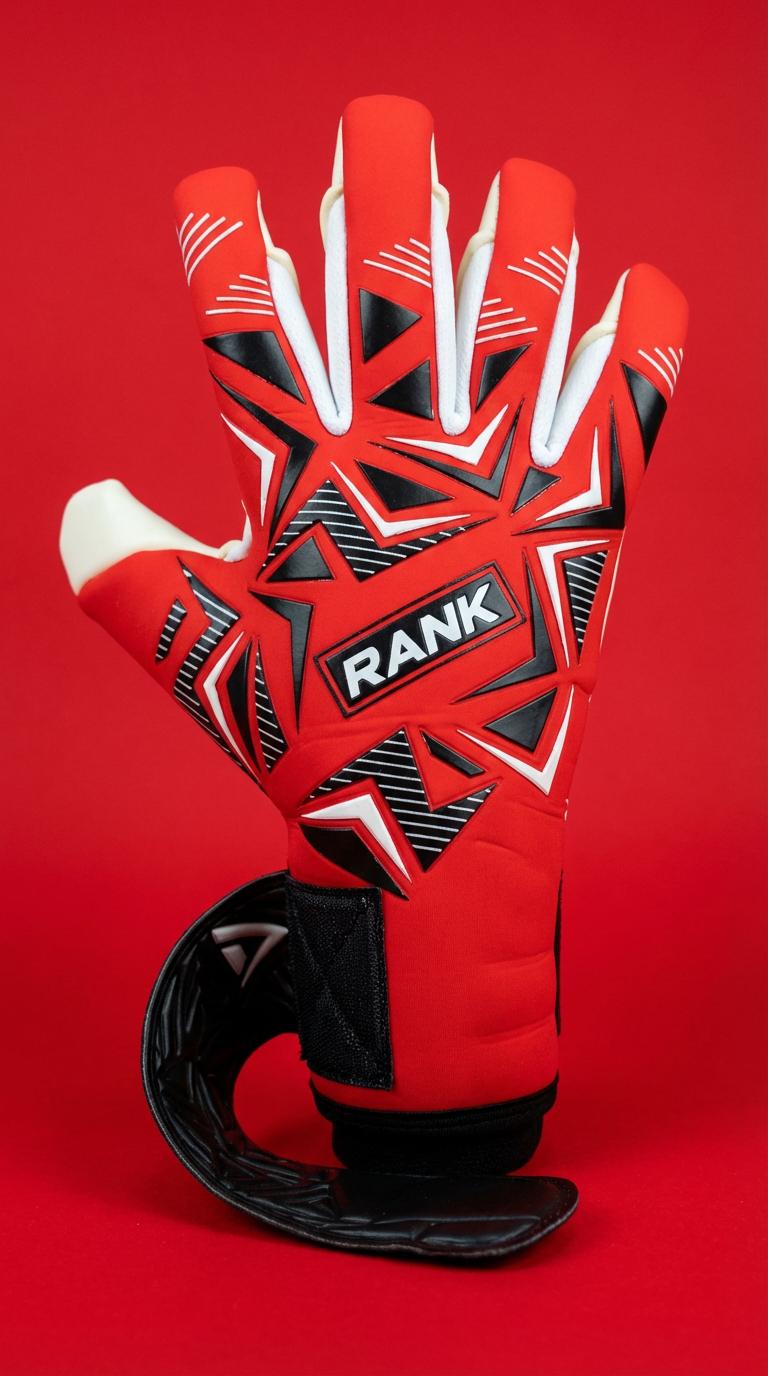 RANK Goalkeeping STRIKER goalkeeper glove, side view showing double wrist strap closure – www.rankgoalkeeping.com
