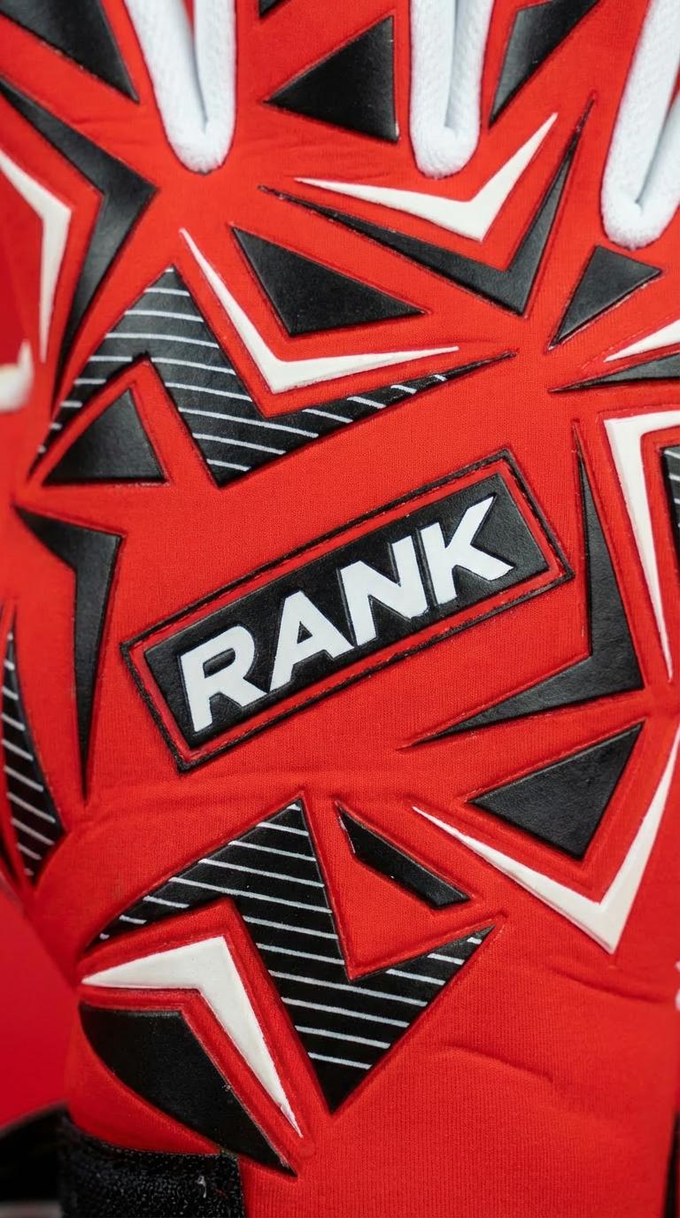 RANK Goalkeeping STRIKER goalkeeper glove, close-up of embossed knuckle protection – www.rankgoalkeeping.com