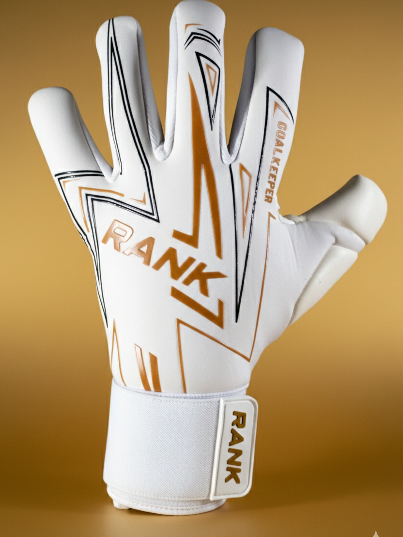 RANK Goalkeeping NOVA white and gold hybrid cut goalkeeper glove, backhand view – www.rankgoalkeeping.com