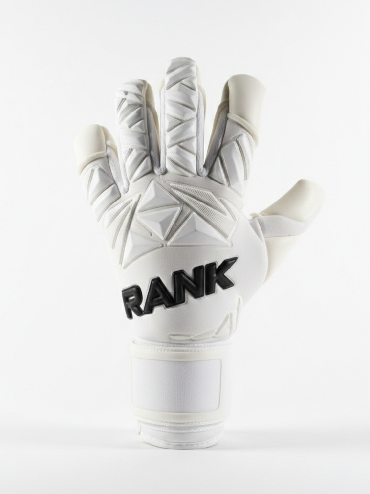 RANK Goalkeeping GHOST all-white negative cut goalkeeper glove, backhand view – www.rankgoalkeeping.com
