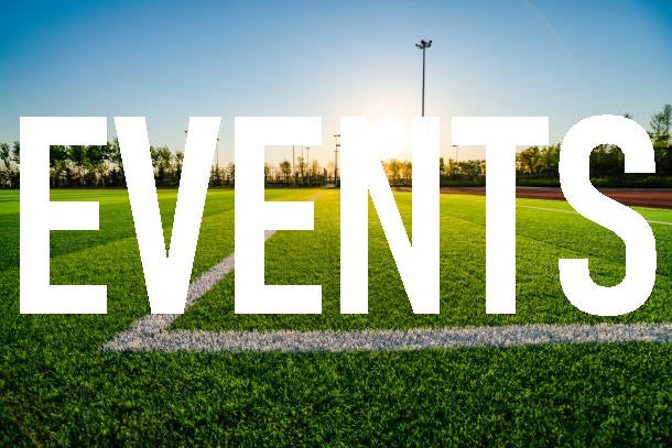 Soccer field with 'EVENTS' text overlay with a link to goalkeeper practice training sessions, presented by RANK Goalkeeping.