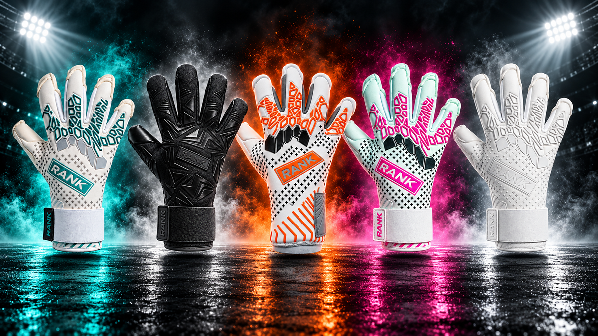 Five stunning athletic, premium, elite goalkeeper gloves from RANK Goalkeeping are displayed upright in a row against a dramatic dark background with spotlights and colorful mist. The gloves come in multiple colorways: white with teal, black, white with orange, white with pink, and solid white.
