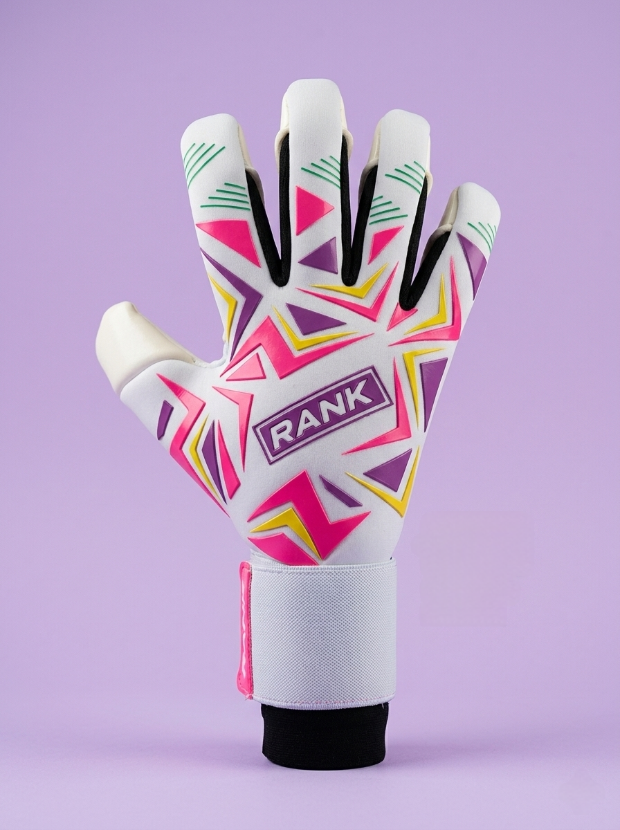 Colorful glove with geometric pattern and 'Rank' branding on a purple background