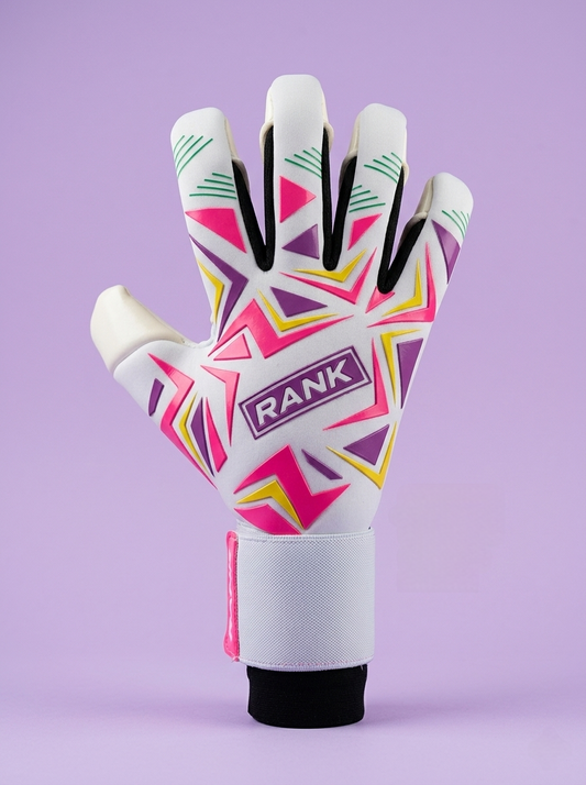Colorful glove with geometric pattern and 'Rank' branding on a purple background