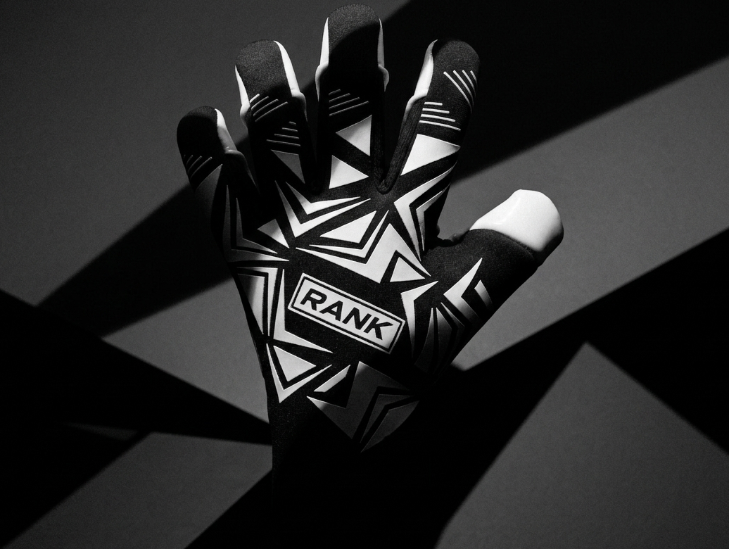 A mono geometric image of RANK Goalkeeping's RAIDER glove.