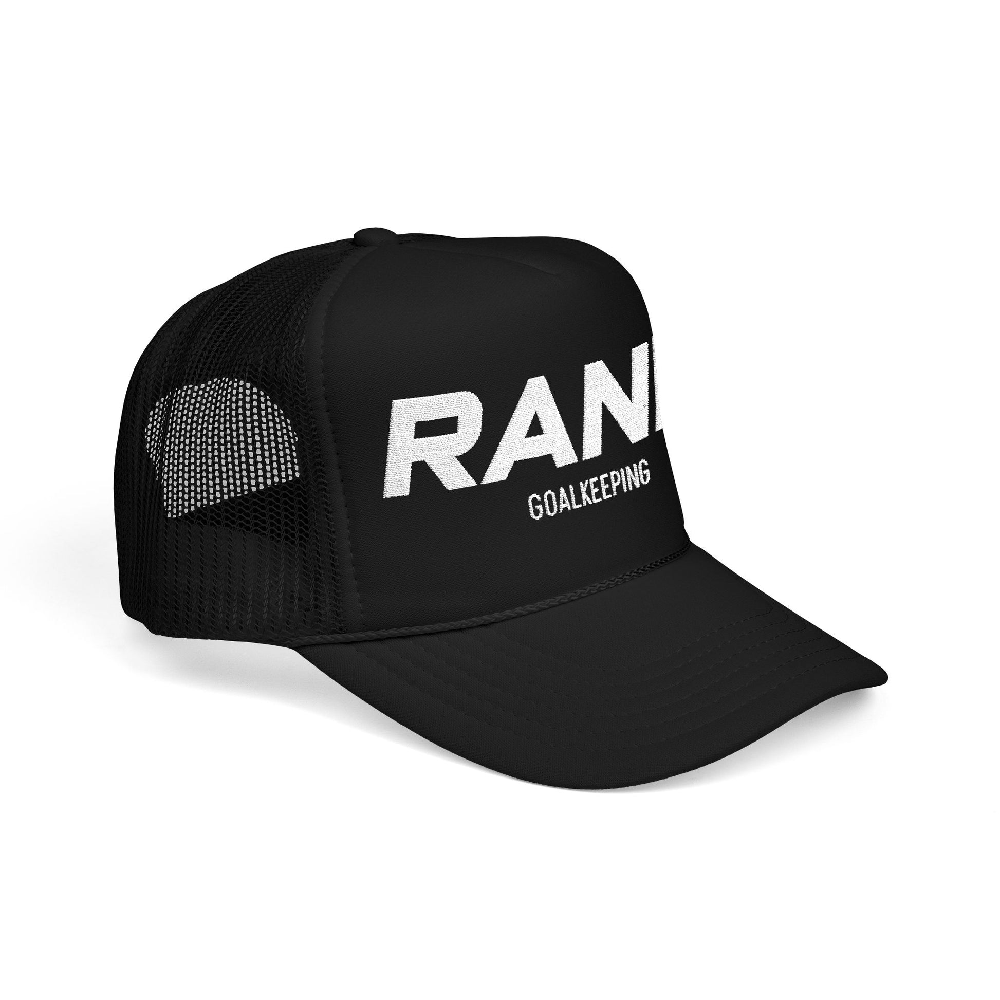 An image of a Embroidered, Black, Trucker hat from RANK Goalkeeping.