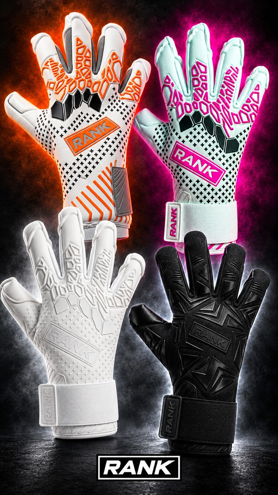 Four RANK goalkeeper gloves arranged in a 2x2 grid against a dark smoky background with neon glow effects. Top-left glove is white with orange and black graphics; top-right glove is white with pink and black graphics; bottom-left glove is solid white; bottom-right glove is solid black.